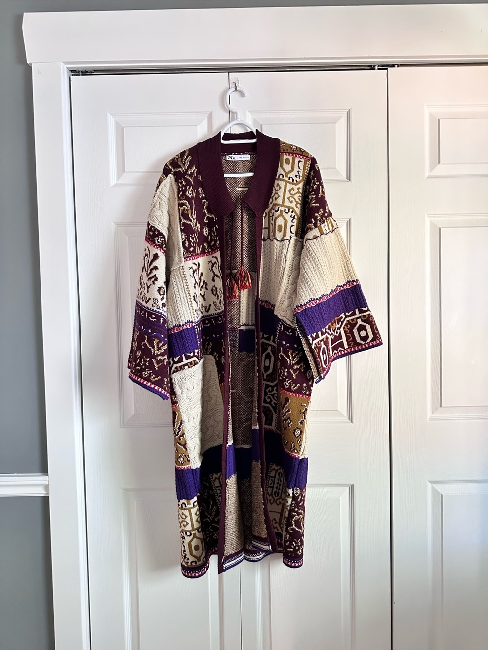 Boho Patchwork Knit Duster Coatigan - Burgundy, Purple, Cream